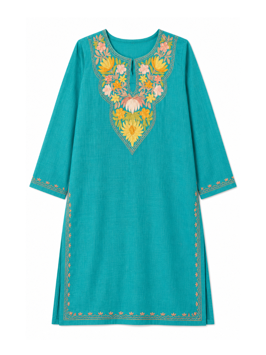 Kashmiri Manual Aari worked cotton Co-Ord Set | Ocean Breeze